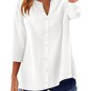 Womens 3/4 Sleeve Button Down Shirts Cotton Linen Roll Up Short Sleeve Tops V Neck Casual Loose Fit Blouses