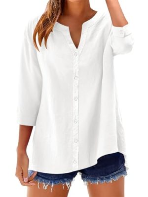Womens 3/4 Sleeve Button Down Shirts Cotton Linen Roll Up Short Sleeve Tops V Neck Casual Loose Fit Blouses