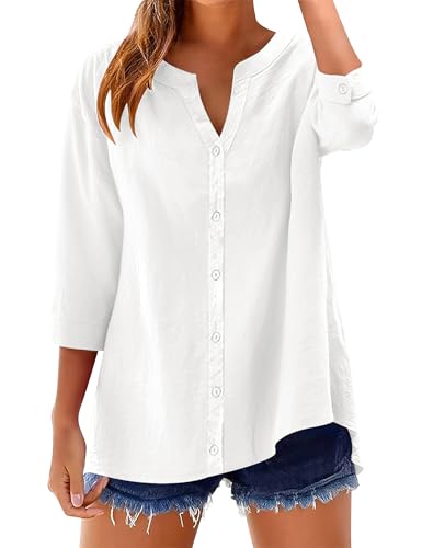 Womens 3/4 Sleeve Button Down Shirts Cotton Linen Roll Up Short Sleeve Tops V Neck Casual Loose Fit Blouses