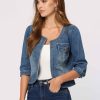 Denim Jacket for Women's Collarless 2025 Cardigan 3/4 Sleeve Crop Jean Jackets