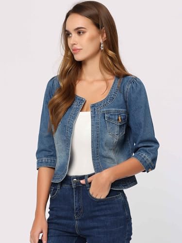 Denim Jacket for Women's Collarless 2025 Cardigan 3/4 Sleeve Crop Jean Jackets