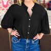 Womens Puff Sleeve Tops 3/4 Button Down Shirts Ruffle Cuff Back Pleated Cotton Blouse