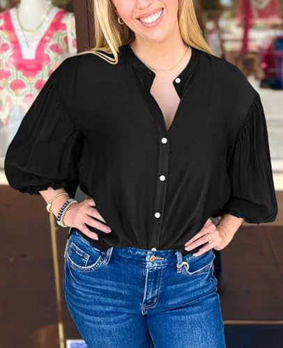 Womens Puff Sleeve Tops 3/4 Button Down Shirts Ruffle Cuff Back Pleated Cotton Blouse