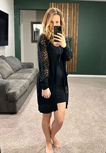 Womens Lightweight Longer Length Cardigan Long Sleeve Casual Crochet Open-Front Sweater with Pockets