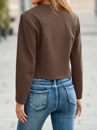 Womens Balloon Long Sleeve Blazer Cropped Collarless Button Down Suit Jackets Business Casual Fall Outerwear