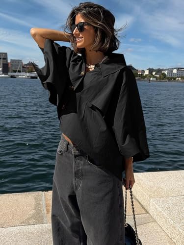 Womens Oversized Cropped Trench Coats Single Breasted 3/4 Cape Sleeve Trendy Casual Jackets Button up Outerwear