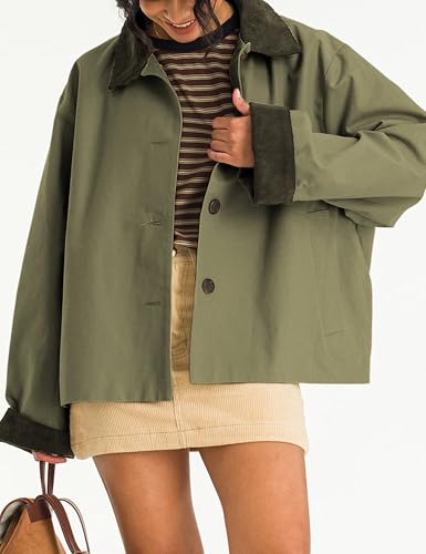 Womens Contrast Collar Jacket Casual Button Down Long Sleeves Crop Trench Coat Outerwear with Pockets