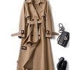 Women's Double Breasted Long Trench Coat Belted Notch Lapel Overcoat Windproof Classic Outerwear