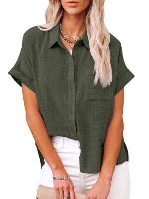 Womens Cotton Linen Button Down Shirts Short Sleeve Dress Shirts Casual Summer Tops Blouses with Pockets