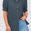 Womens Summer Short Sleeve Button Down Shirts V Neck Collared Casual Blouse Tops with Pockets