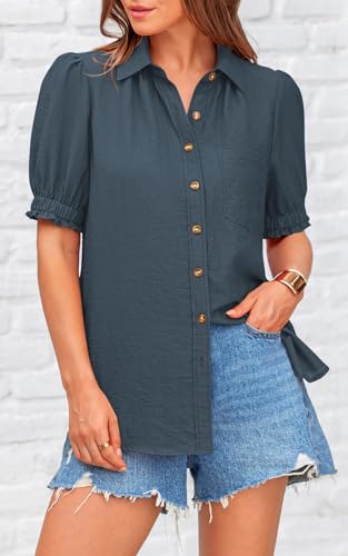 Womens Summer Short Sleeve Button Down Shirts V Neck Collared Casual Blouse Tops with Pockets