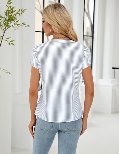 Women's Dressy Casual Tops Business Work Blouses White Button Down Shirts Cap Sleeve V Neck Tshirt