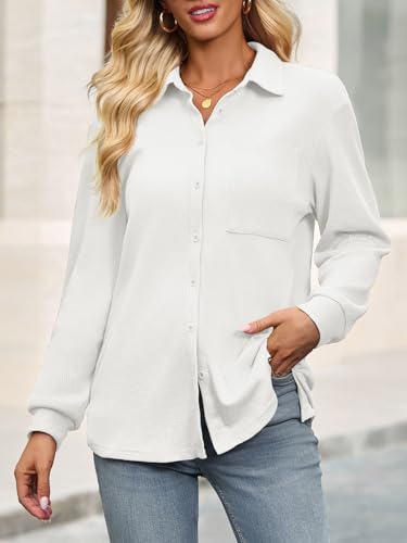 Womens Waffle Knit Button Down Shirts Fall Dressy Casual Long Sleeve V Neck Blouse Loose Fit Work Tops Shacket