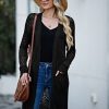 Womens Lightweight Longer Length Cardigan Long Sleeve Casual Crochet Open-Front Sweater with Pockets
