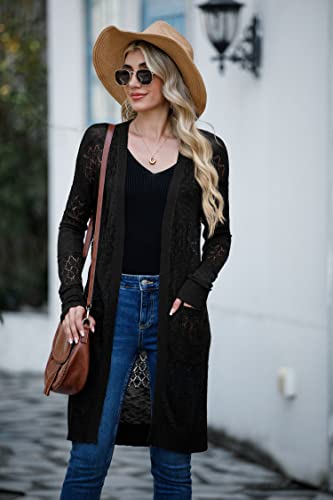 Womens Lightweight Longer Length Cardigan Long Sleeve Casual Crochet Open-Front Sweater with Pockets