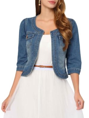 Denim Jacket for Women's Collarless 2025 Cardigan 3/4 Sleeve Crop Jean Jackets