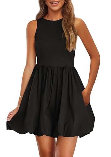 Summer Dresses for Women 2025 Casual Sleeveless Tank Mini Short Dress Crew Neck Bubble Sundress with Pockets