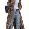 Women's Notch Lapel Leopard Print Duster Trench Coat Open Front Loose Faux Suede Mid Long Pea Coat