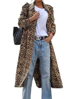 Women's Notch Lapel Leopard Print Duster Trench Coat Open Front Loose Faux Suede Mid Long Pea Coat