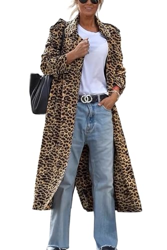 Women's Notch Lapel Leopard Print Duster Trench Coat Open Front Loose Faux Suede Mid Long Pea Coat