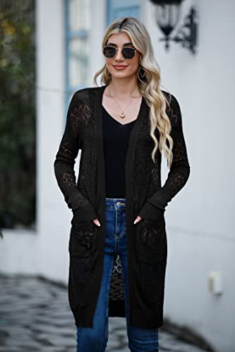Womens Lightweight Longer Length Cardigan Long Sleeve Casual Crochet Open-Front Sweater with Pockets