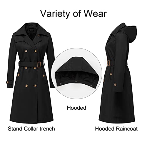 Women's Long Trench Coat Double-Breasted Classic Lapel Overcoat Belted Slim Outerwear Coat with Detachable Hood