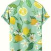 Men's Floral Bird Print Button-Down Shirt, Short Sleeve, White with Blue Pattern, Regular Fit