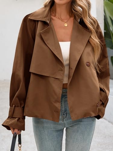 Womens Cropped Trench Coat Short Single Breasted Jackets Lightweight Casual Outerwear