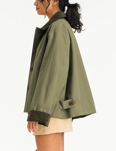 Womens Contrast Collar Jacket Casual Button Down Long Sleeves Crop Trench Coat Outerwear with Pockets