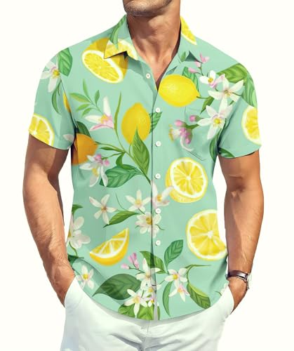 Men's Floral Bird Print Button-Down Shirt, Short Sleeve, White with Blue Pattern, Regular Fit