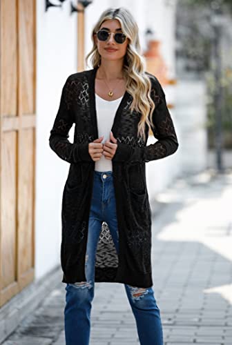 Womens Lightweight Longer Length Cardigan Long Sleeve Casual Crochet Open-Front Sweater with Pockets