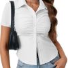 Women's Collared V Neck Button Down Ruched Slim Fit Short Sleeve Work Shirt Blouse