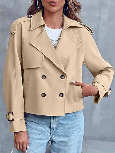 Women Crop Double Breasted Trench Coat Raglan Sleeve Work Office Cropped Jacket With Pockets