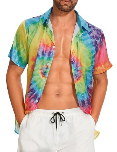 Vintage Shirts for Men Tie Dye Hippie Funny Hawaiian Shirt Button Down Shirts
