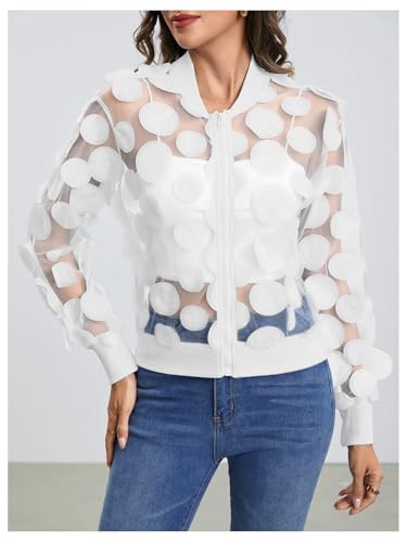 Women's Sheer Mesh Zip Up Bomber Jacket Long Sleeve Baseball Collar Outwear Tops