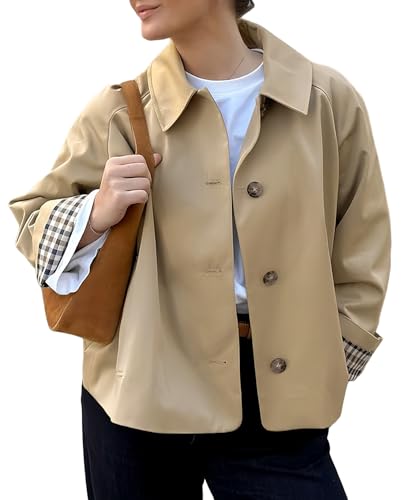 Women Crop Trench Coat Single Breasted Check Lining Lightweight Cropped Jackets Fashion Outerwear