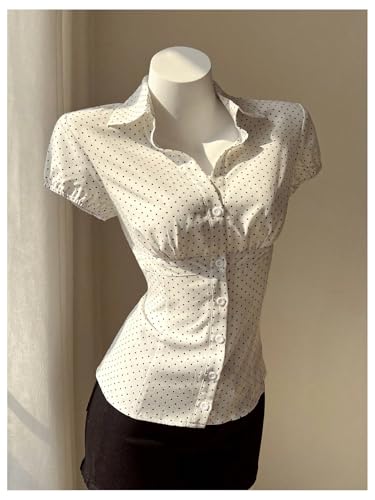 Women's Polka Dots Button Down Shirt Short Sleeve Collar Fitted Blouse Tops Preppy Aesthetic Clothes