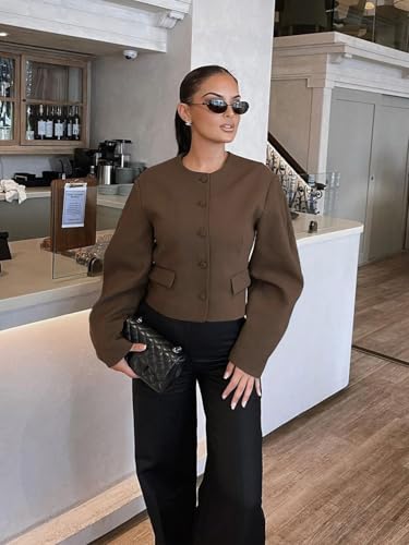 Womens Balloon Long Sleeve Blazer Cropped Collarless Button Down Suit Jackets Business Casual Fall Outerwear