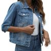Women's 3/4 Sleeve Short Denim Jacket Lapel Button Down Cropped Trucker Jean Jackets Coats