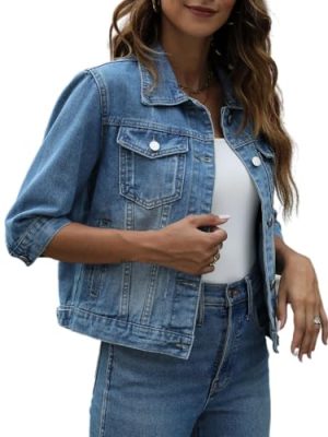 Women's 3/4 Sleeve Short Denim Jacket Lapel Button Down Cropped Trucker Jean Jackets Coats