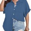 Women Plus Size Button Down Short Sleeve Shirts Collared Textured Summer Blouse Casual Tops with Pockets