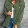Women’s Oversized Button Up Frayed Hem Shacket Long Sleeve Pockets Denim Jean Jacket
