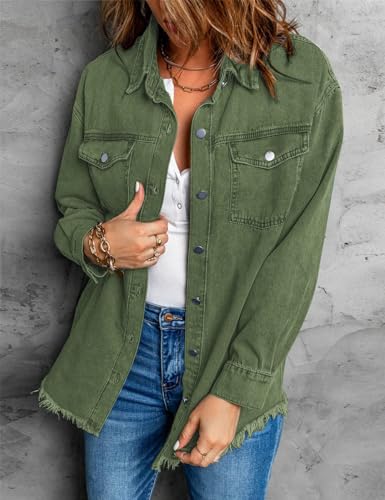 Women’s Oversized Button Up Frayed Hem Shacket Long Sleeve Pockets Denim Jean Jacket