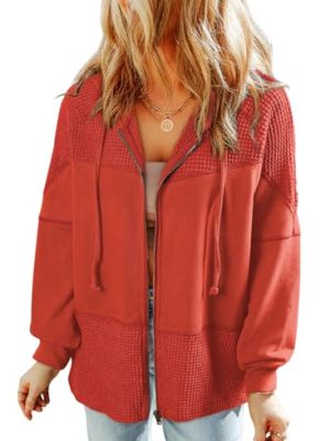 Waffle Knit Hoodies for Womens Zip Up Jackets 2025 Drawstring Fall Casual Jackets