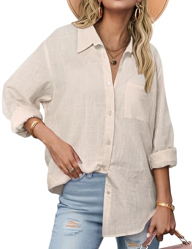 Womens Button Down Shirts Long Sleeve Cotton Gauze Tops Casual Collared Blouses Loose Fit
