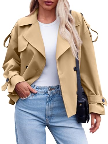 Womens Cropped Trench Coat Casual Double Breasted Short Jacket Fall Fashion Outerwear with Belt