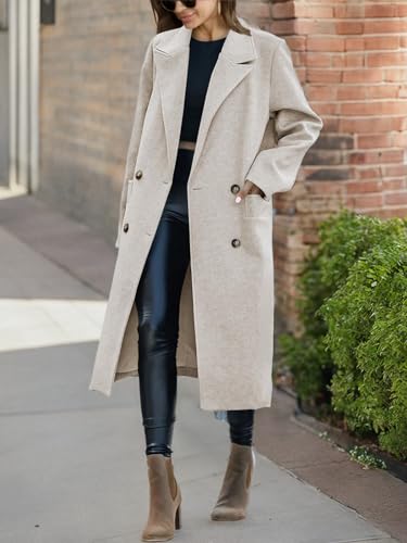 Womens Trench Coat Winter Lapel Double Breasted Long Pea Coat Casual Work Office Overcoat with Pocket