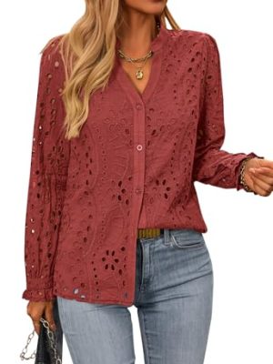 Women's Fall Fashion Long Sleeve Shirts Button Down Dressy Casual Blouses V Neck Eyelet Embroidery Hollow Out Tops