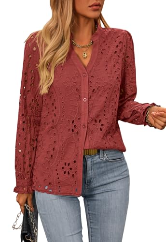 Women's Fall Fashion Long Sleeve Shirts Button Down Dressy Casual Blouses V Neck Eyelet Embroidery Hollow Out Tops