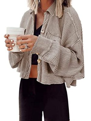 Women's Cropped Waffle Knit Shacket Short Button Down Jacket Batwing Sleeve Shirts with Pocket